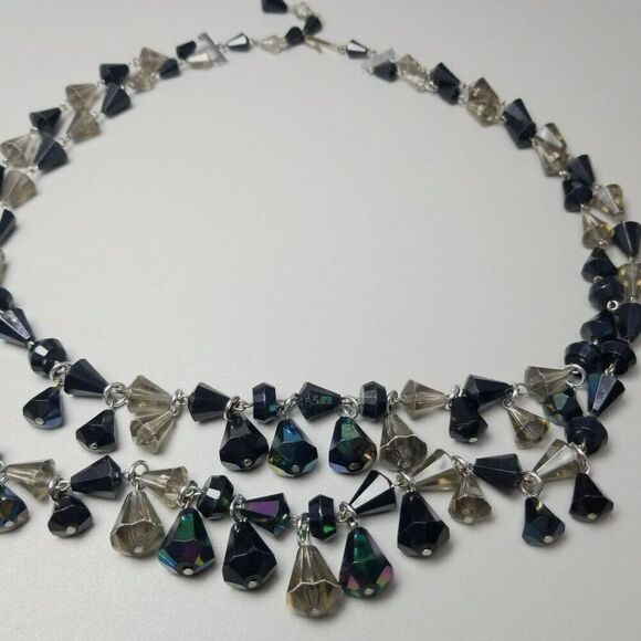 Vintage Black Beaded Two Strand Collar Necklace, Adjustable, Plastic, Germany - Picture 2 of 9